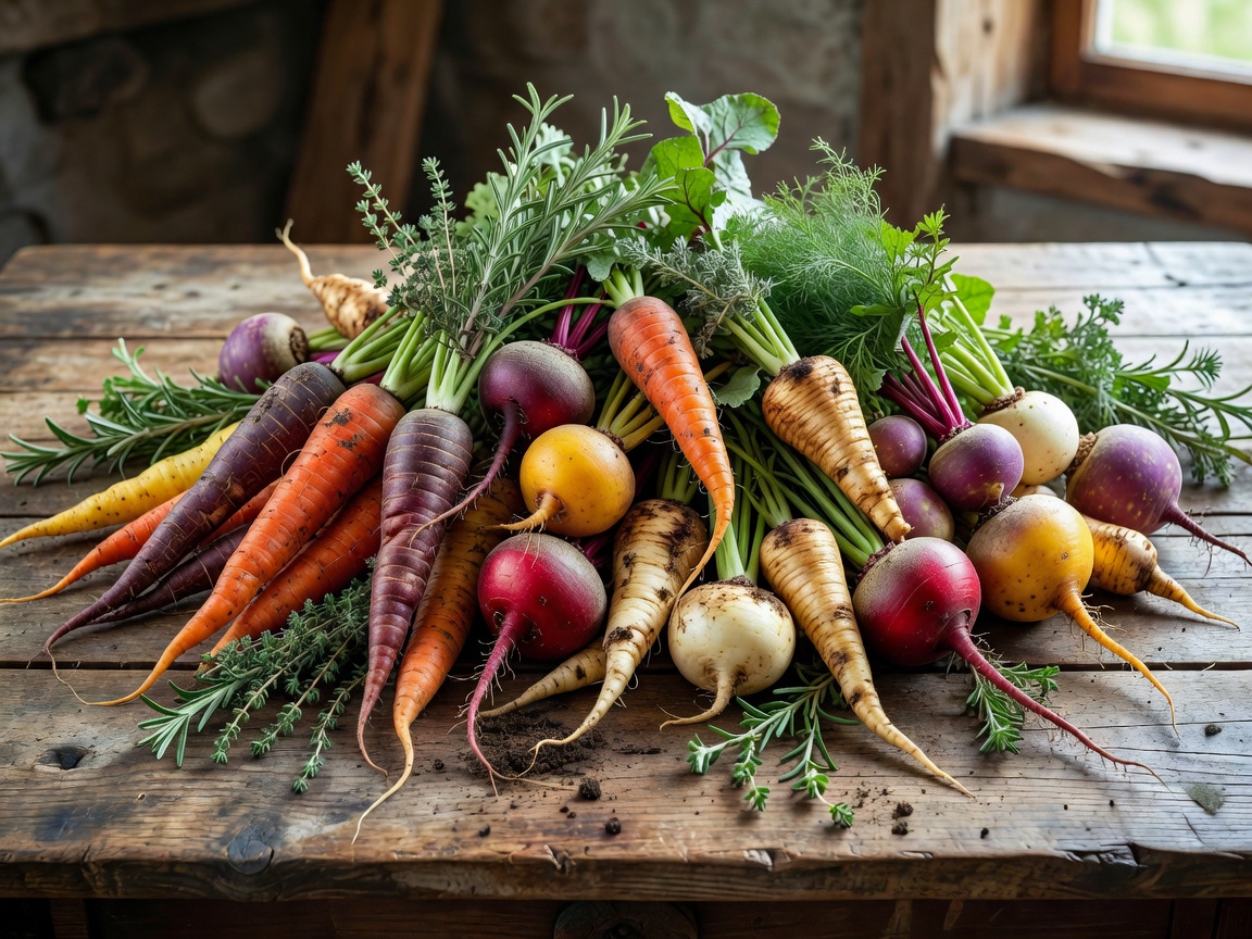 A rustic wooden table covered in freshly harvested heirloom root vegetables and wild herbs.
