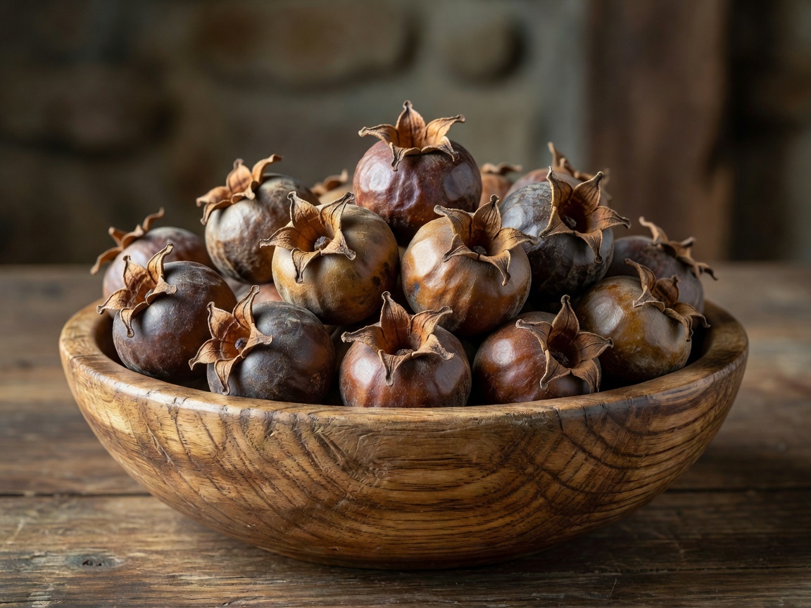 A wooden bowl filled with small, rustic brown medlar fruits displaying their characteristic open calyx.