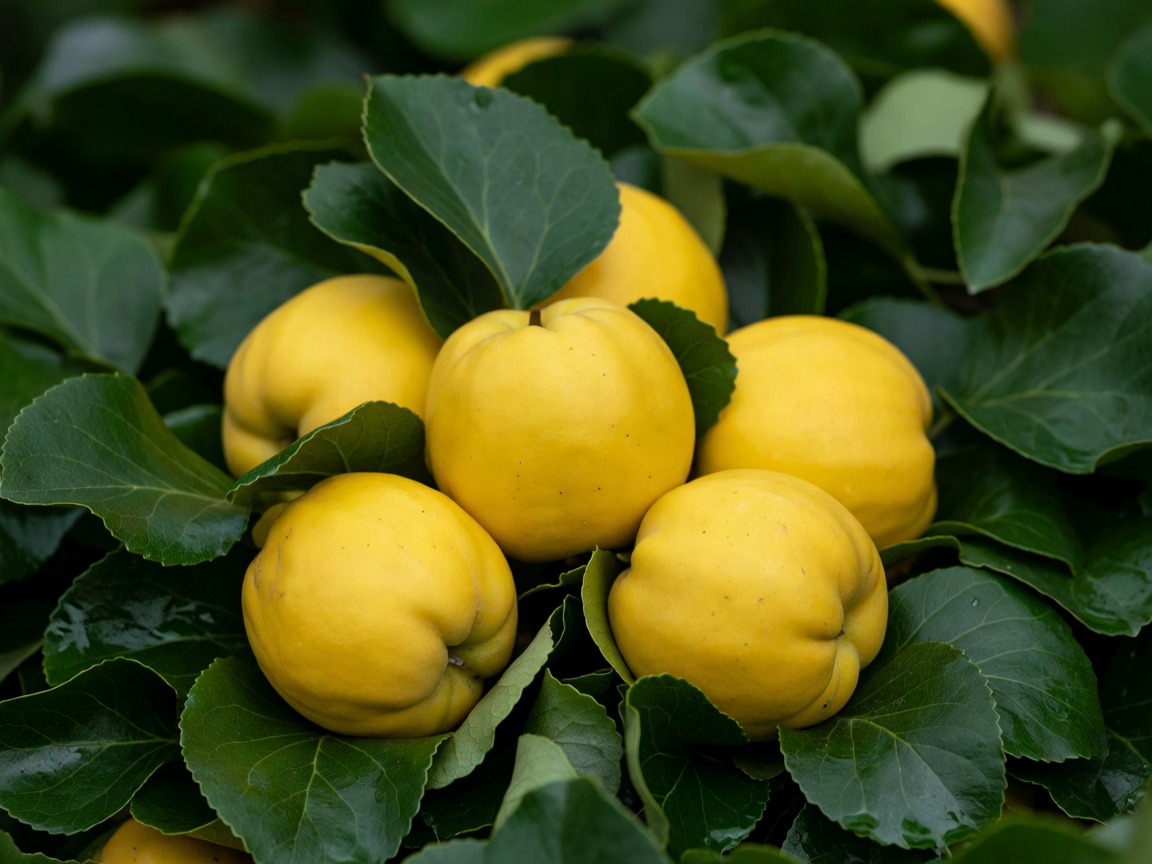 Bright yellow quince fruits resting on dark green foliage.