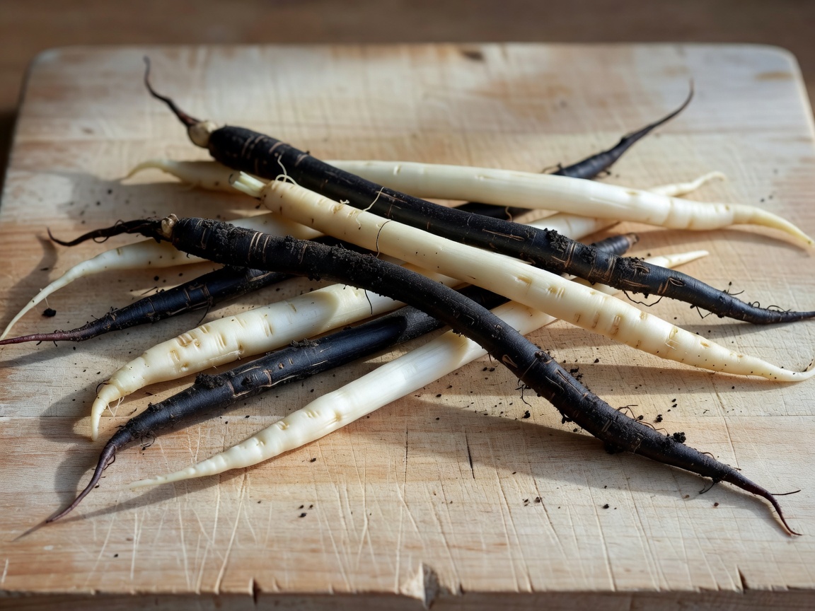 Close up of black scorzonera and white salsify roots on a cutting board.