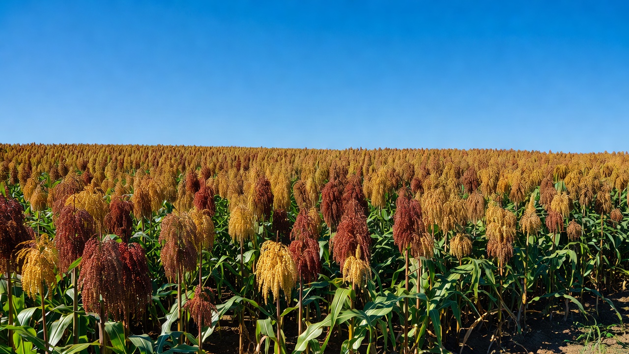 Fields of tall sorghum plants under a bright, cloudless sky.