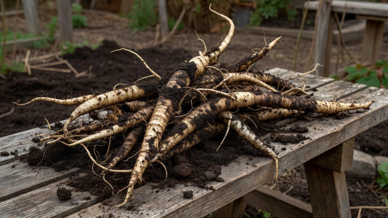 Freshly pulled salsify roots covered in loose dark soil resting on a wooden bench.
