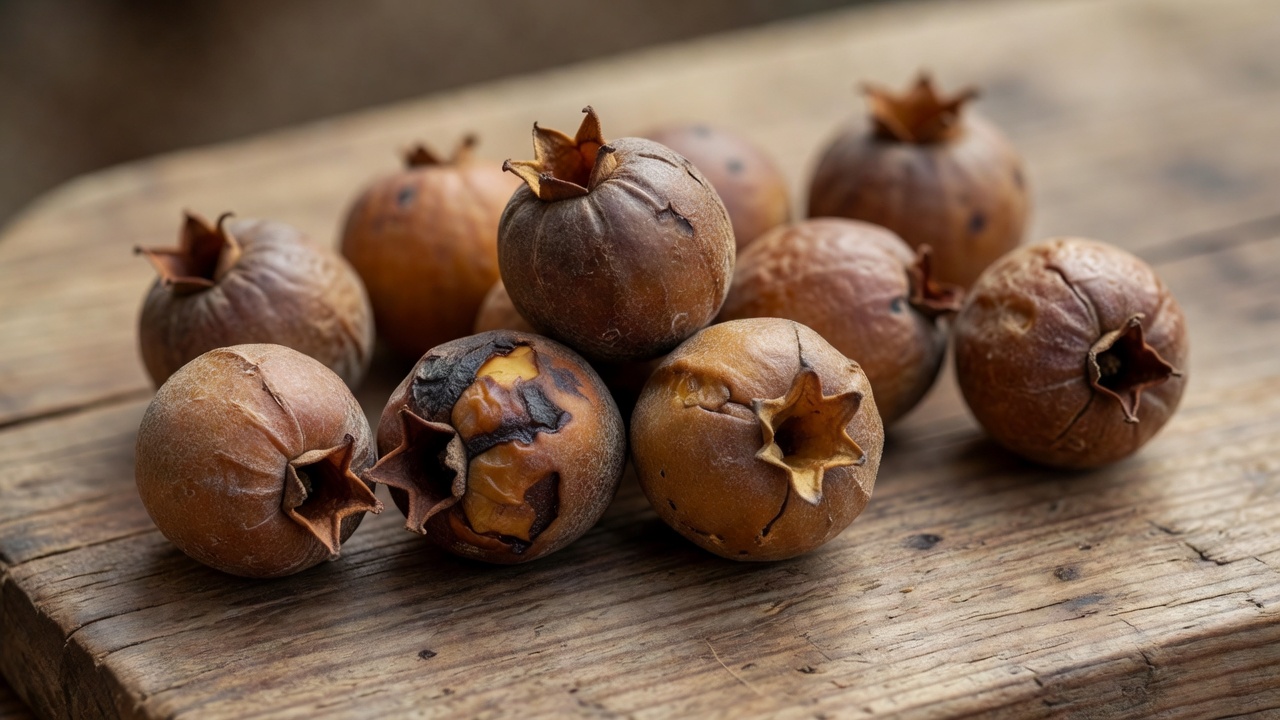 Medlar fruits lying on a wooden board, some showing signs of bletting.