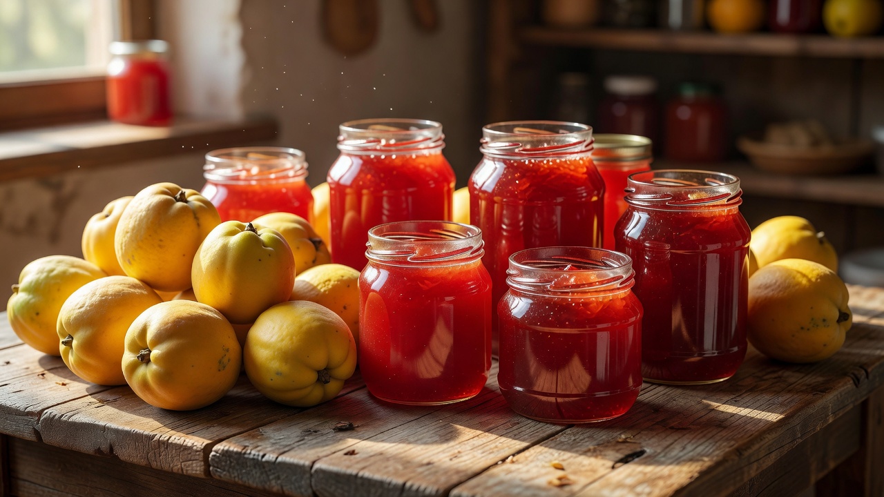 Ripe quince fruits sitting next to jars of crimson quince jelly.