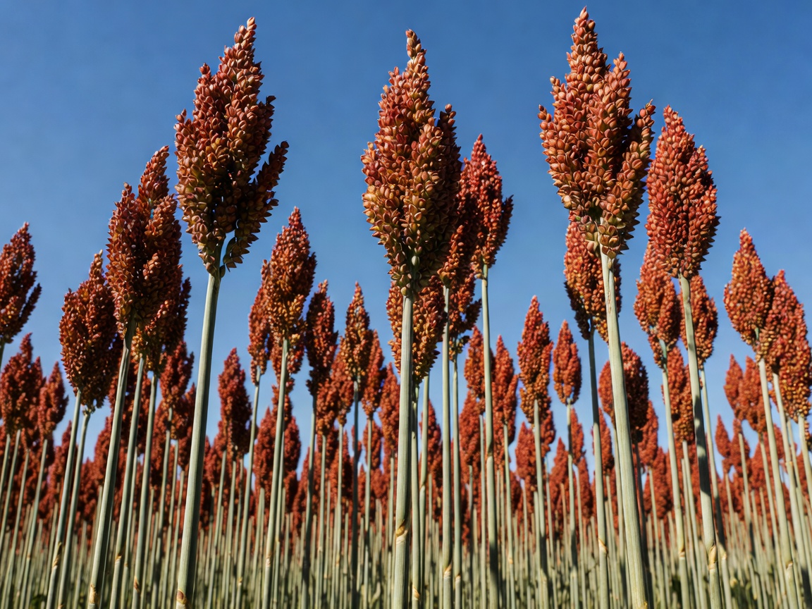 Tall stalks of sorghum displaying rust-red grain heads against a blue sky.