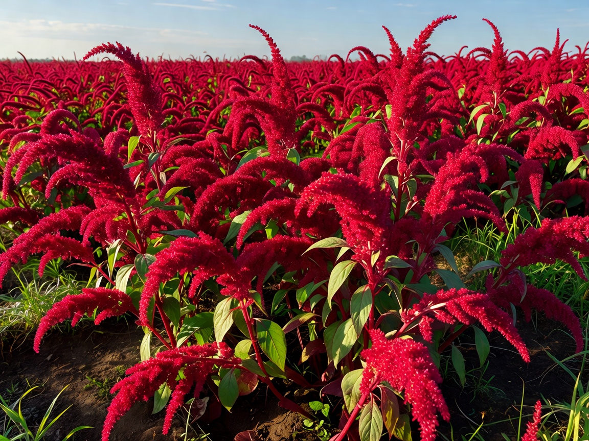 Vibrant crimson plumes of amaranth flowers growing densely in a field.