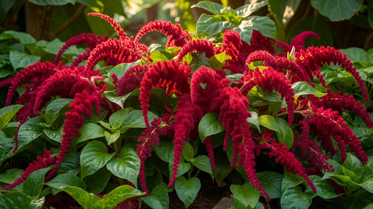 Vibrant red amaranth flowers cascading over green foliage.